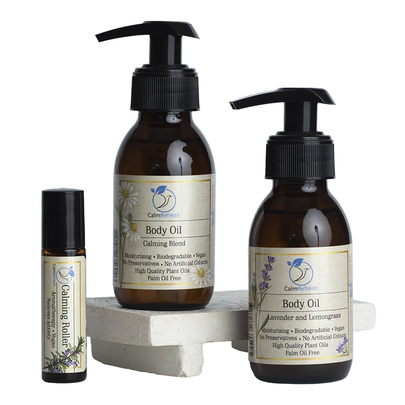 Body Oil Range with Calming Roller Products Image Transparent