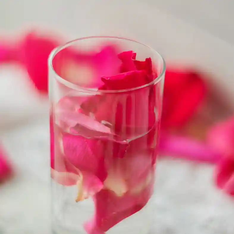 Dark pink petals in thin glass surrounded by more petals