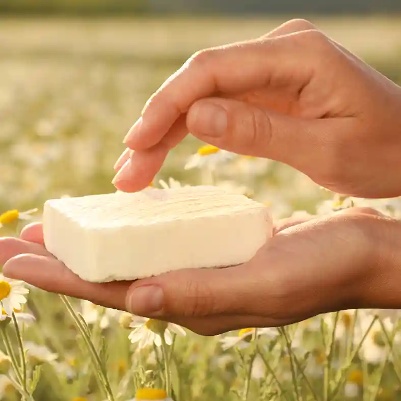 Holding soap in a field of white daisies