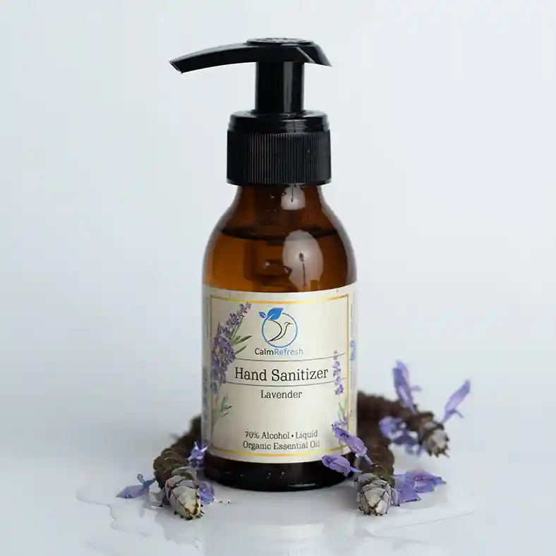 Lavender-Hand Sanitiser with lavender flowers around it