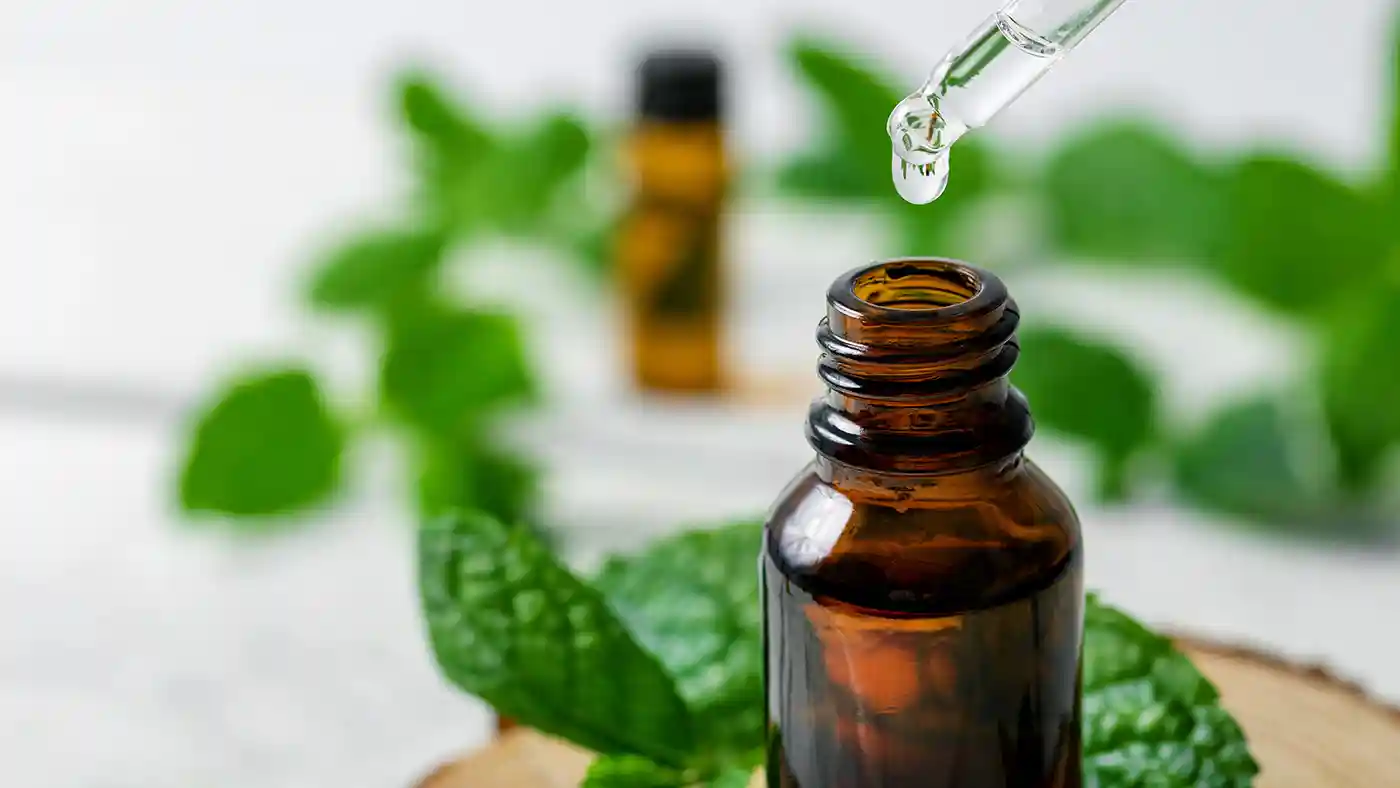 Peppermint leaves around amber glass bottle with dropper